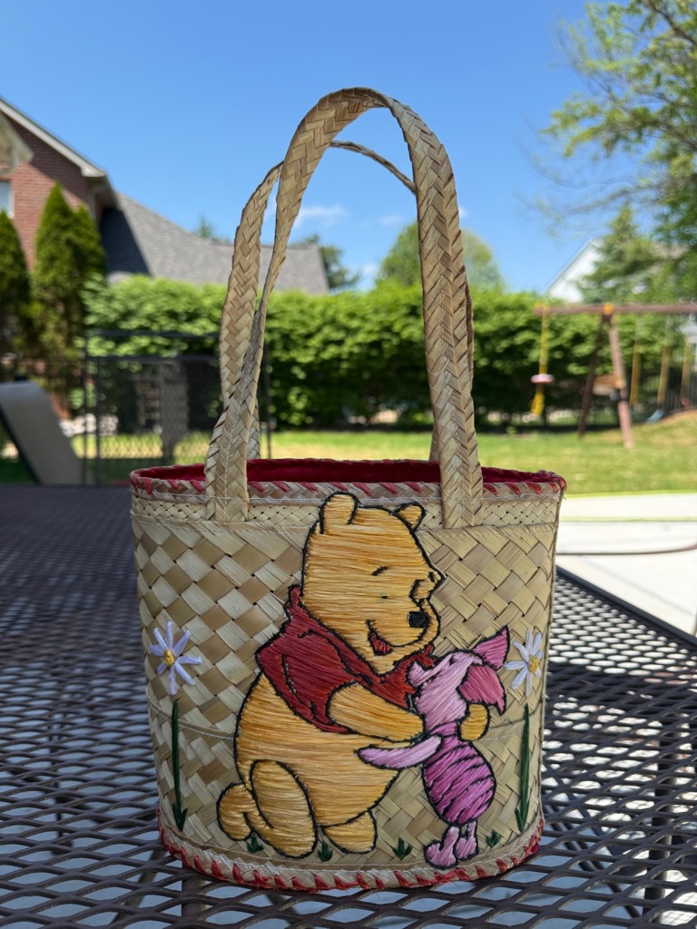 Winnie the Pooh & Piglet Handmade Straw Tote Bag Red Interior Super cute! 9x8x5
